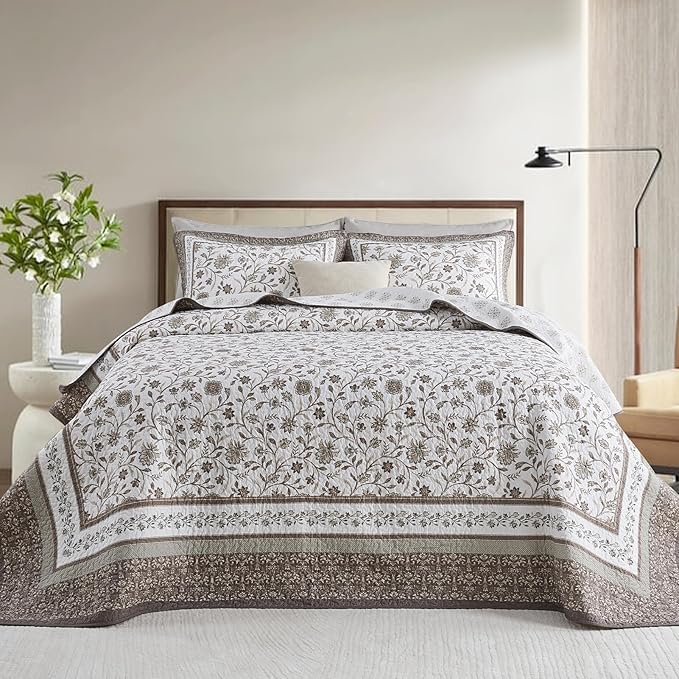 Oversized King Bedspreads 120"x120" - 100% Cotton California King Quilt, Farmhouse Brown Floral Pattern, Extra Large Quilted Coverlet, Lightweight Reversible XL Bedding Set, 3 Pcs