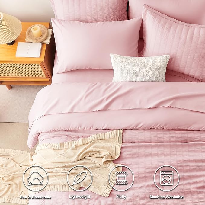 CozyLux Full Size Comforter Sets with Sheets Seersucker 7 Pieces Pink Bed in a Bag Textured Luxury Soft Bedding Set with Down Alternative Comforter, Sheets, Pillowcases & Shams for All Seasons