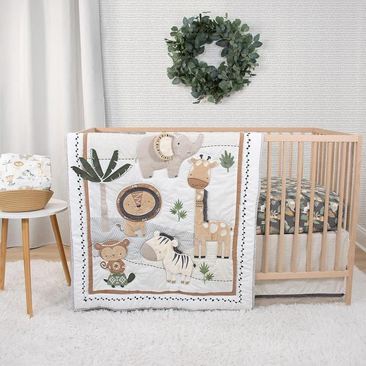 The Peanutshell 4 Piece Organic Cotton Baby Crib Bedding Set for Boys & Girls - Newborn, Infant & Toddler Nursery Bed Set Decor with Two Crib Sheets, Dust Ruffle Comforter - Safari Serenity