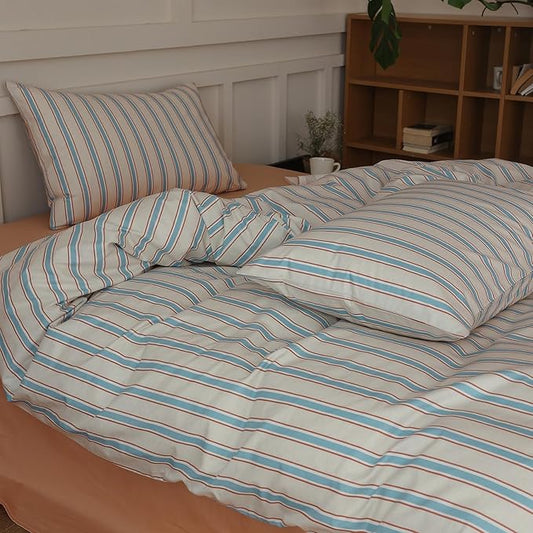 LifeTB Full Comforter Set Blue Brown Striped Comforter Set, 3 Pieces Retro Stripes Pattern Printed Comforter with 2 Pillowcases, Lightweight Fluffy Soft Breathable Striped Bedding Set for All Seasons