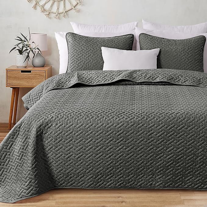 Exclusivo Mezcla Full Queen Size Quilt Bedspreads with Basket Weave Pattern, Soft Lightweight Summer Quilts Bedding Set Coverlets Bed Cover for All Seasons, Dark Grey