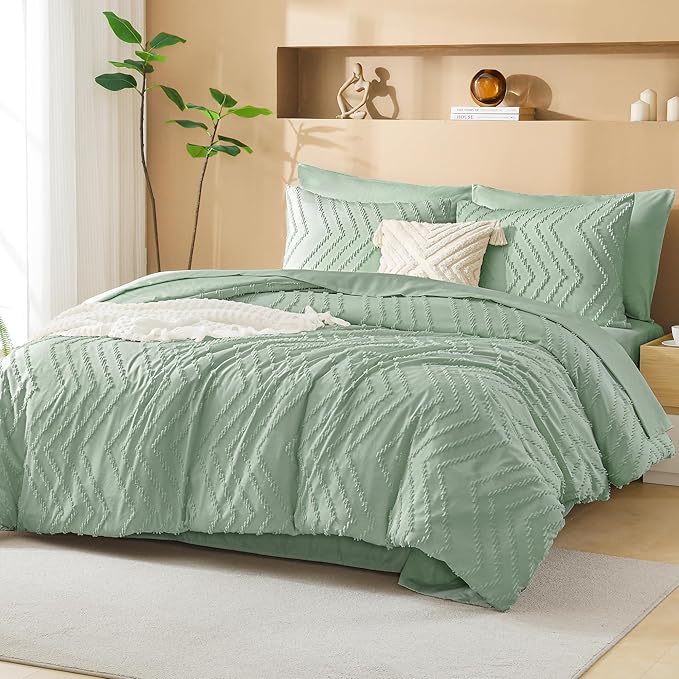 Litanika Oversized King Size Comforter Set with Sheets Sage Green - 7 Pieces Bed in a Bag Oversized King Boho Tufted Complete Bedding Sets with Comforter, Sheets, Pillowcases & Shams