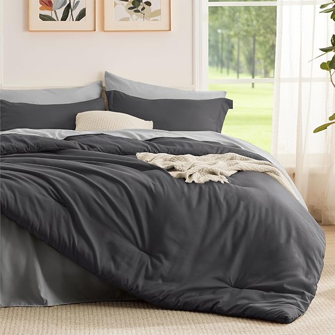 Bedsure Twin Comforter Set - 5 Pieces Dark Grey Twin Bedding Set for All Seasons, Boho Contrasting Design Bed in a Bag with Comforter, Sheets, Pillowcase & Sham
