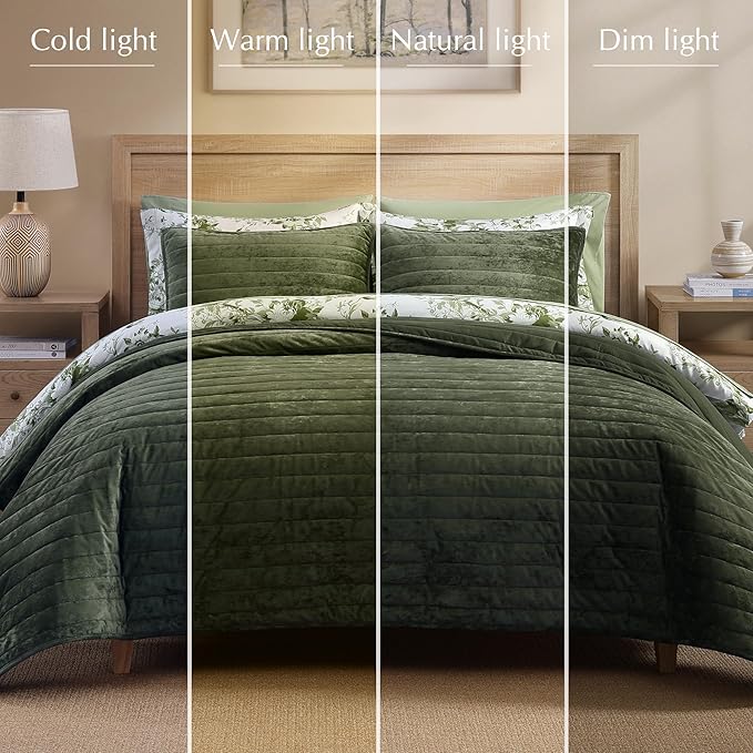 WRENSONGE Velvet Queen Quilt Set-3 Pieces Olive Green Luxurious Striped Channel Velvet Comforter with 2 Shams, Soft Bedspread Coverlet Quilted Bedding Set for All Season