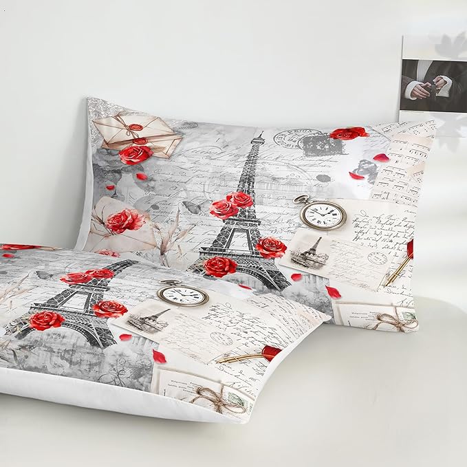 Bedbay Eiffel Tower Comforter Set King Size French Style Bedding Romantic Paris Retro Letter Rose Flowers Printed Paris Room Decor 4-Piece Soft Microfiber Girls Women Quilt Set (Red, King)