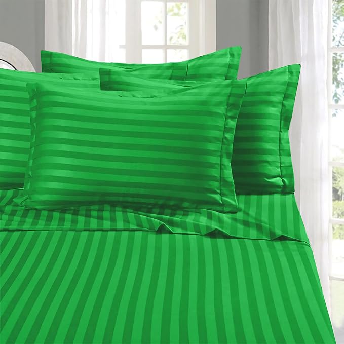 Elegant Comfort Softest and Coziest 6-Piece Sheet Set - 1500 Premium Hotel Quality Microfiber - Deep Pocket, Wrinkle Resistant 6-Piece Damask Stripe Bed Sheet Set, Queen, Emerald Gren