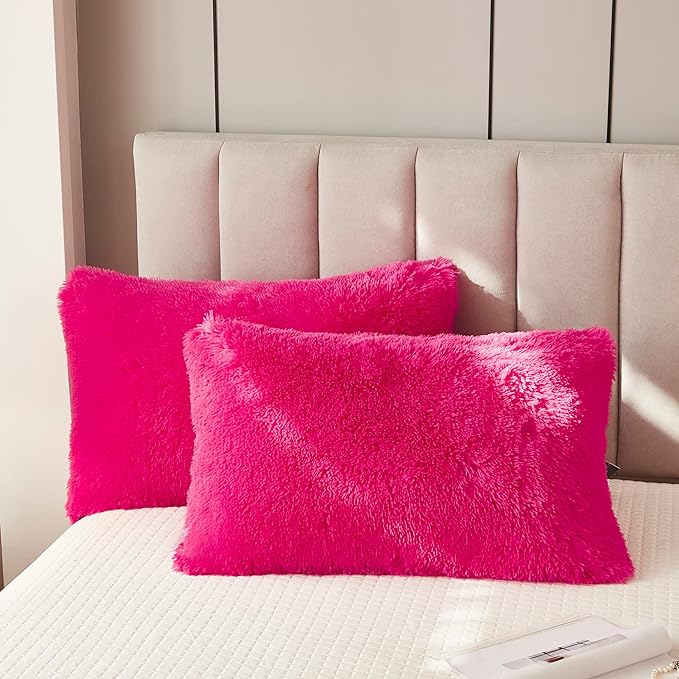 Uhamho Faux Fur Velvet Fluffy Bedding Duvet Cover Set Down Comforter Quilt Cover with Pillow Sham, Ultra Soft Warm (Twin, Hot Pink)