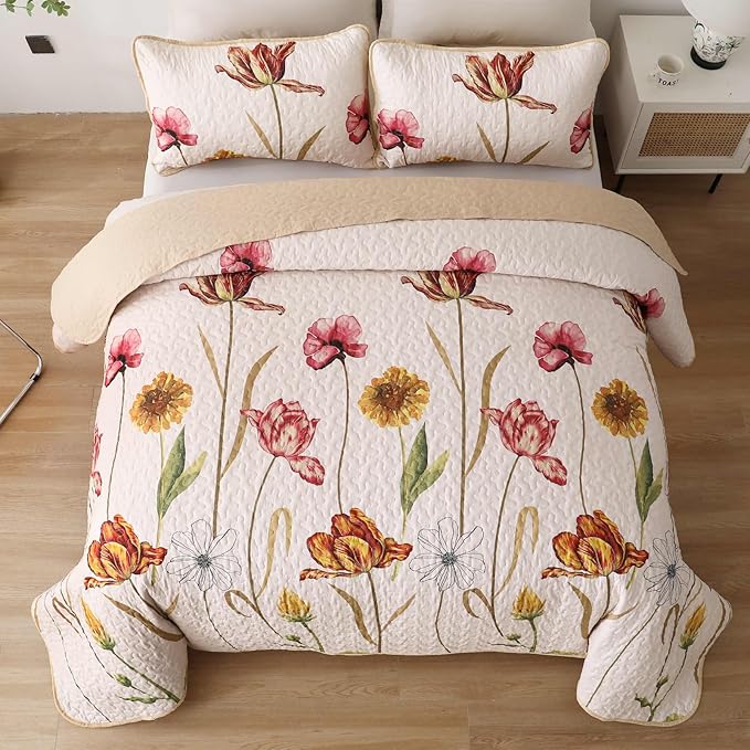 WONGS BEDDING Floral Quilt Set King Size, 3 Pieces Beige Farmhouse Bedspread Bedding Sets,Soft Lightweight Microfiber Spring Flower Coverlet Set for All Season (104"x90")