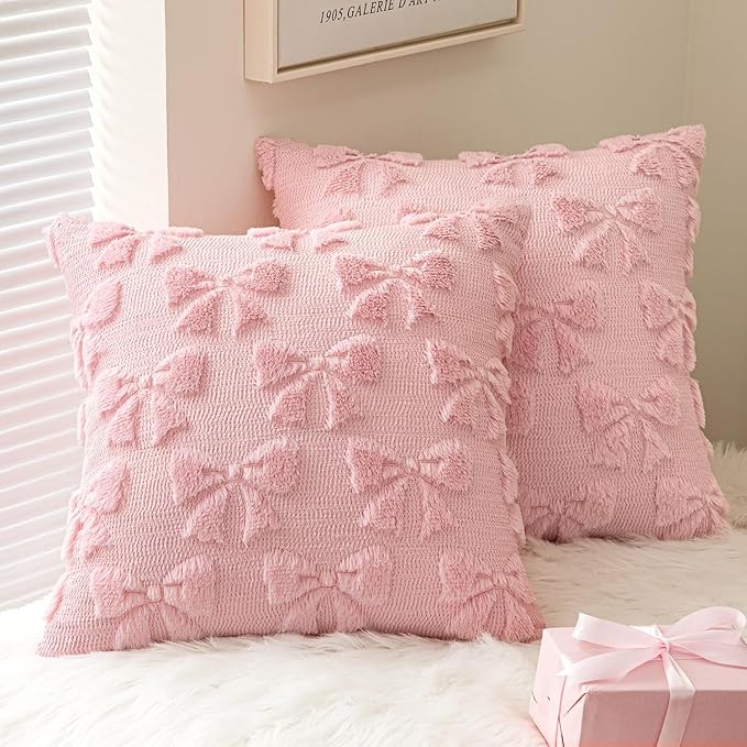 MIULEE Pink Bow Pillow Covers Coquette Room Decor Aesthetic Set of 2 Decorative Cute Girl Vlentine Pillow Covers Spring Soft Plush Faux Pillowcase for Preppy Room Decor Bedroom Couch,20x20 Inch