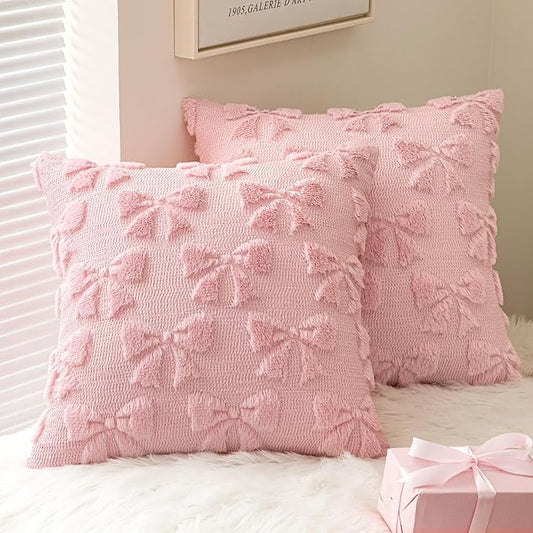 MIULEE Pink Bow Pillow Covers Coquette Room Decor Aesthetic Set of 2 Decorative Cute Girl Vlentine Pillow Covers Spring Soft Plush Faux Pillowcase for Preppy Room Decor Bedroom Couch,24x24 Inch
