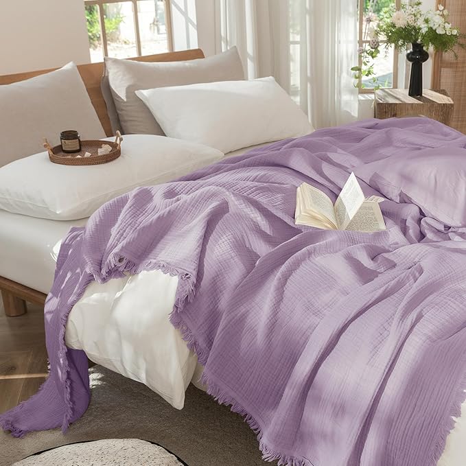MooMee Muslin Blanket - 100% Cotton 4-Layer Gauze Throw Blanket with Tassels Ultra-Soft Breathable Lightweight Cooling for Bed Couch (Light Purple, Queen 90" x 90")
