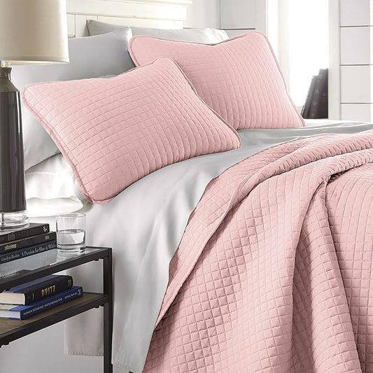 Southshore Fine Living, Inc. Stitched Pink Queen Quilt Bedding Set, Oversized Quilts Queen Size/Full, Pet Hair Resistant Bedding, Soft Cozy Bedspread, Full Size Coverlet, 2 Pillow Shams, Pastel Pink