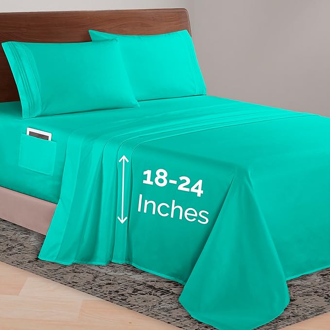 Elegant Comfort Luxurious 1500 Premium Hotel Quality Microfiber 4-Piece Sheet Set, 18-24 Inches Deep - Extra Deep Pocket Sheets - Ultra Soft 4PC Deep Pocket Sheets, California King, Paradise Teal