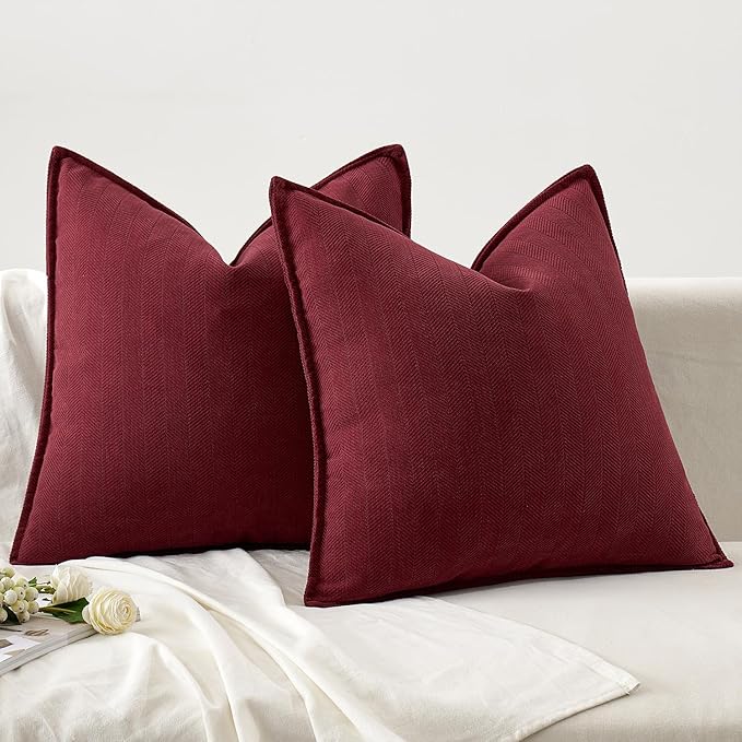 MIULEE Pack of 2 Burgundy Decorative Pillow Covers 20x20 Inch Soft Chenille Luxurious Couch Throw Pillows Farmhouse Cushion Covers with Elegant Design for Sofa Bedroom Living Room Decor