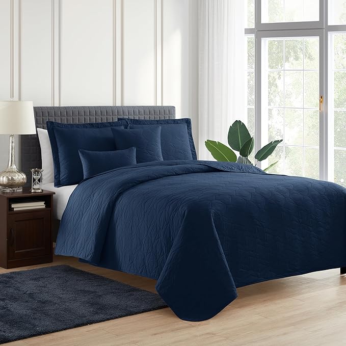 Hearth & Harbor Quilts King Size - All Season Bedspread Coverlet Set, Pinsonic Weave Lightweight Bedding Set - 5 Piece King Quilt Set with Pillow Shams, Ellipse - Navy