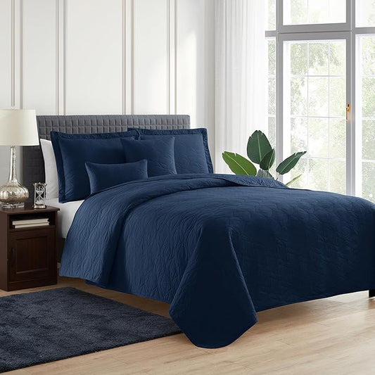 Hearth & Harbor Quilts King Size - All Season Bedspread Coverlet Set, Pinsonic Weave Lightweight Bedding Set - 5 Piece King Quilt Set with Pillow Shams, Ellipse - Navy