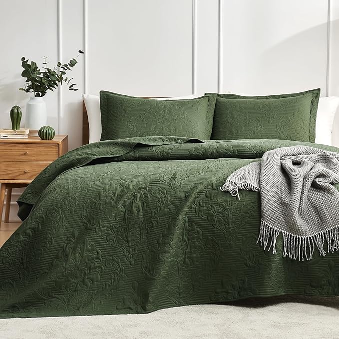 Hansleep Olive Green Quilt King Size - Damask Ultrasonic All Season Bedspread King, Soft Lightweight Coverlet Bedding Set, 3 Pieces (1 Quilt, 2 Pillow Shams)