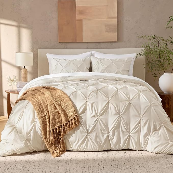 Andency Beige Comforters Queen Size, 3 Pieces Cream Bedding Set & Collections for Women Men, All Season Soft Fluffy Lightweight Pinch Pleat Bed Comforter Set (90x90Inch)