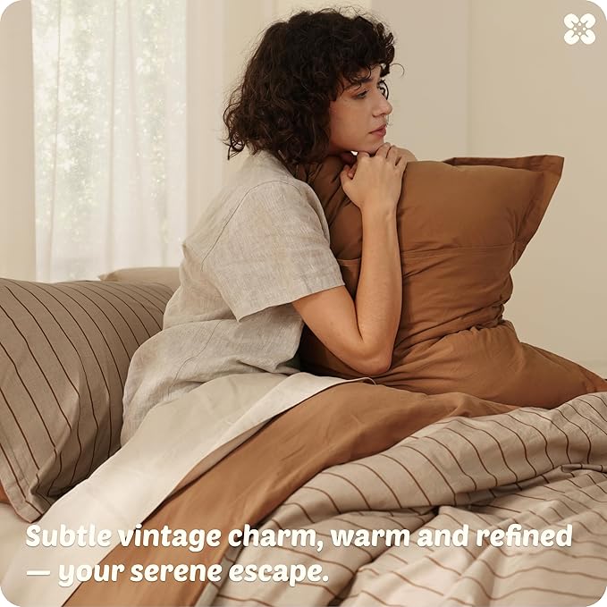 Bedsure Striped Duvet Cover King Size,100% Washed Cotton Duvet Cover Linen Like Textured, Classic Striped Pattern Enhances Bedroom Comfort and Style, Stripes Camel/Brown, 104"x90"