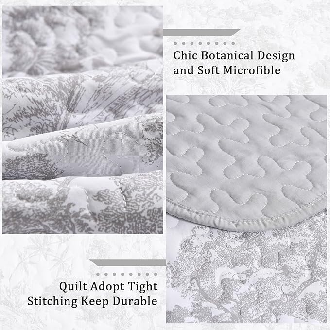 WONGS BEDDING Grey Quilt Set Twin Size, 2 Pieces Botanical Bedspreads Set Lightweight Microfiber Grey Toile Plants Pattern Coverlet Home Decor for All Seasons(86"×68")