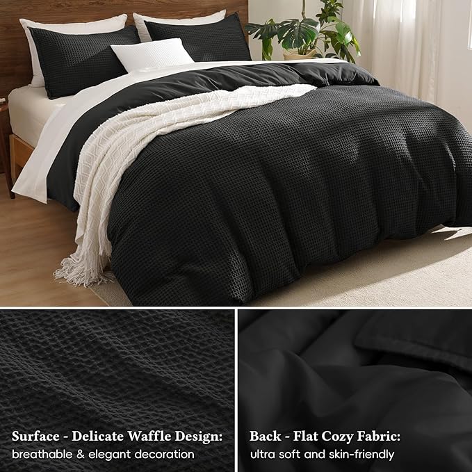 David's Home Waffle Weave Duvet Cover Set Twin Size,Soft Breathable 2pcs Comforter Cover Set with 1 Pillowcase,Textured Home Decor Bedding Set Cozy for All Seasons, Black 68"×90",No Comforter