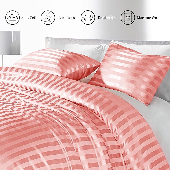 Whale Flotilla 3-Piece Reversible Silky Soft King Size Comforter Set, Luxury Stripe Satin Oversized Comforter Bedding Set with 2 Satin Pillowcases, Lightweight Duvet for All Seasons, Pink