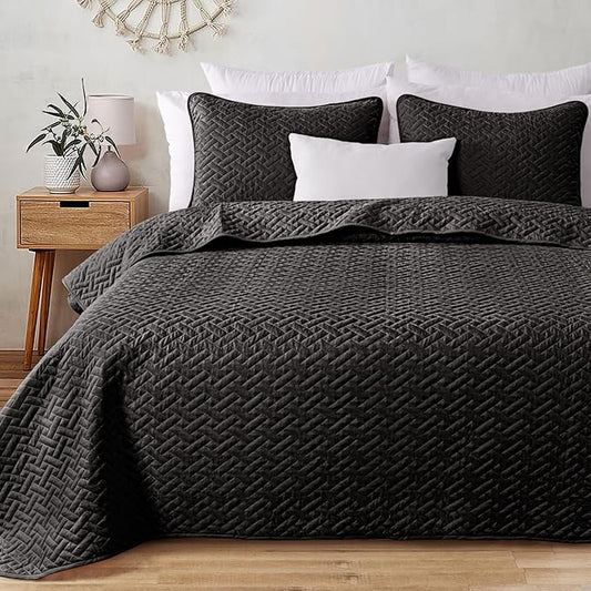Exclusivo Mezcla King Size Quilt Bedspreads with Basket Weave Pattern, Soft Lightweight Summer Quilts Bedding Set Coverlets Bed Cover for All Seasons, Black