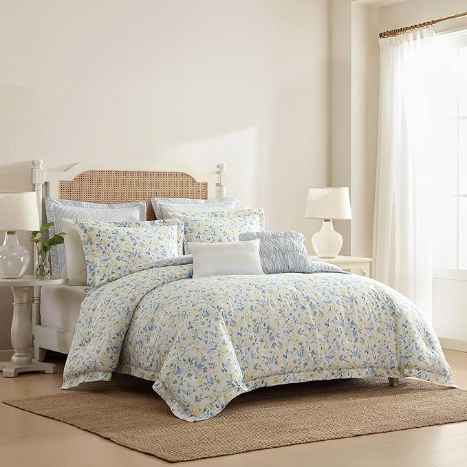 Laura Ashley - Queen Comforter Set, Soft Cotton Blend Bedding with Medium Weight Feel, Reversible Bedding with Matching Pillowscases, Bonus Euro Shams & Throw Pillows, 7 Piece Bed Set (Nora Blue)