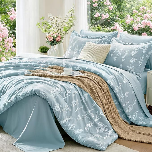 MUXHOMO Mineral Blue Cal King Comforter Set, Elegant Floral Print Bed in a Bag 7 Pieces, Ultra Soft & Breathable Reversible Botanical Pattern Bedding Set with Comforter, Sheets, Pillowcases, and Shams