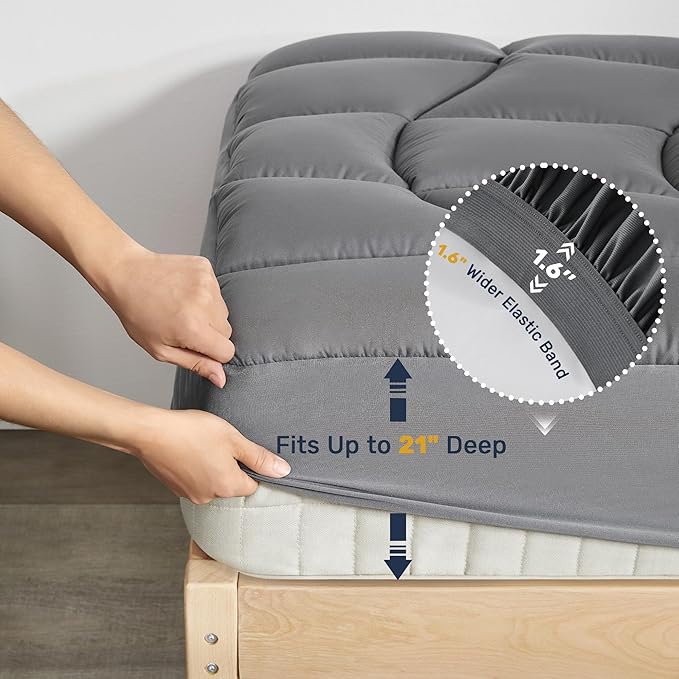 Unikome Full Mattress Pad Waterproof, Eco-Friendly Ergonomic Quilted Fitted Full Mattress Topper for Guest Room, Apartments, Noiseless and Machine Washable (Grey, 54x75)