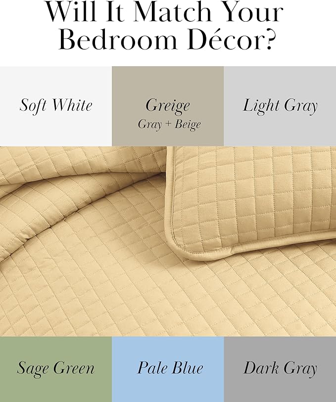 Southshore Fine Living, Inc. King Quilt Bedding Set, Soft, Lightweight Quilt, King Size Coverlet, Stain & Pet Hair Resistant Bedding, Standard or California Size with 2 Pillow Shams, Gold