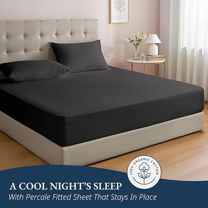 LANE LINEN Twin XL Fitted Sheet, 100% Organic Cotton 2-Piece Set (1 Fitted Sheet, 1 Pillowcase), Percale Weave, Lightweight, Soft, Breathable, Fits Mattress Upto 15" Deep - Black(No Flat Sheet)