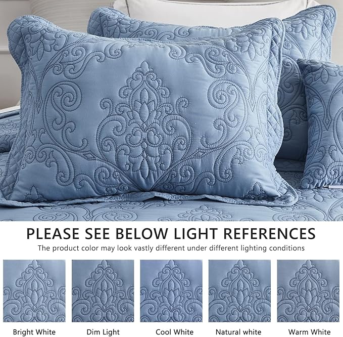 CHIXIN Oversized King Bedspread 128x120 Extra Wide - Lightweight Bedding Cover - Beautiful Stitching - 5 Piece Reversible Bedspread - Luxury Damask Paisley Pattern (King/Cal King, Ashley Blue)