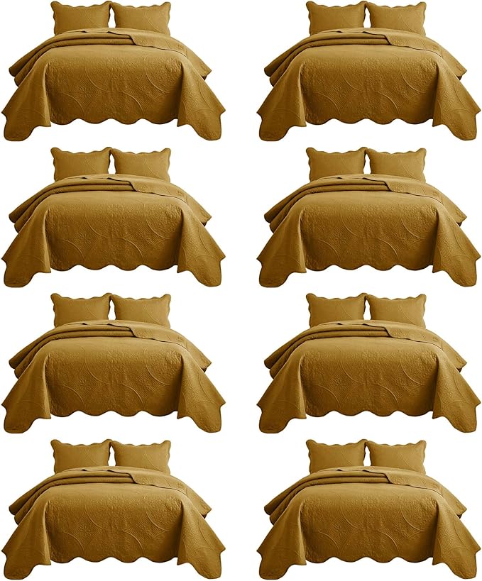 IR Imperial Rooms 8 Pack California King Quilt Bedding Set (118"x106") - Bulk Wholesale for Hotels, Guest Bedroom & Airbnbs - Microfiber Reversible Floral Embossed Quilts Bedspreads (Ochre)
