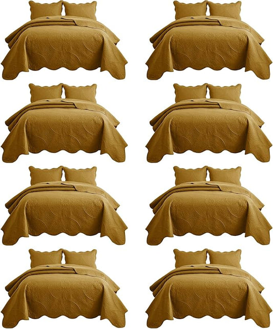 IR Imperial Rooms 8 Pack California King Quilt Bedding Set (118"x106") - Bulk Wholesale for Hotels, Guest Bedroom & Airbnbs - Microfiber Reversible Floral Embossed Quilts Bedspreads (Ochre)