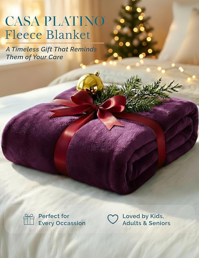 Casa Platino Fleece Blanket Queen Size – 300 GSM Purple Fleece Throw for Bed or Couch – Soft Cozy Warm Holiday Winter Blanket for Bed, Fuzzy Plush Elegant Gifts for Men & Women - 90x90 Inch
