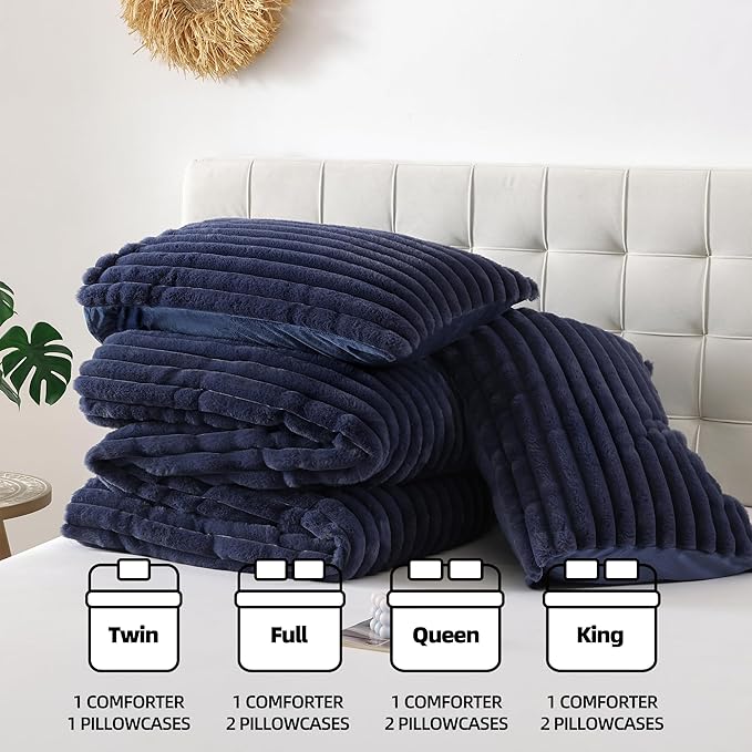 Smoofy Fluffy Full Size Comforter Sets 3 Pieces - Navy Blue Fleece Fluffy Comforter Set, Luxury Fuzzy Full Bed Set, Soft Comforter Full Size All Season, Heavy Faux Fur Comforter with 2 Pillow Cases