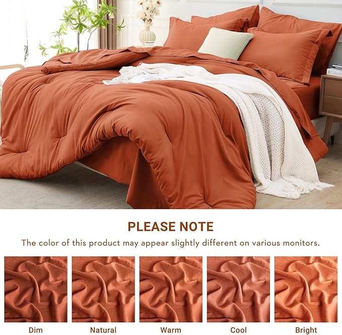 MUXHOMO 7 Pieces Queen Comforter Set, Soft Bed in a Bag Queen Size, All Season Bedding Set with Comforter, Flat Sheet, Fitted Sheet, Pillowcases & Shams, Burnt Orange
