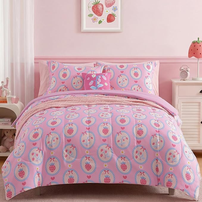 Twin Comforter Set for Girls-3 Pieces Pink Strawberry Twin Bedding Sets for Kids,1 Comforter,1 Sham and 1 Decor Pillow