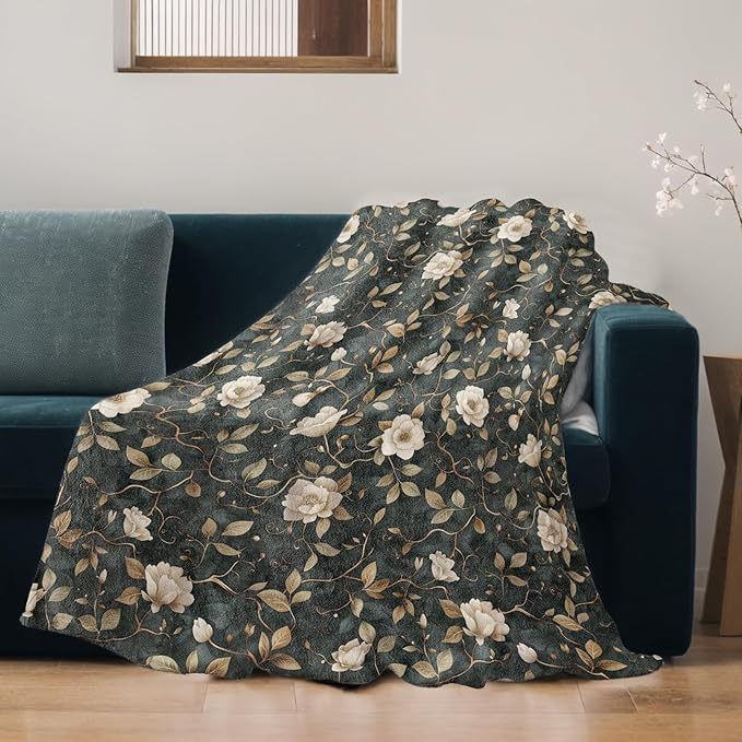 Vintage Floral Blanket Lightweight Blankets Gifts for Women Flannel Throw with Beige Flower and Gold Vine on Dark Background Printed for Sofa, Bed, Travel, Retro Decor Throws 60x50 Inch