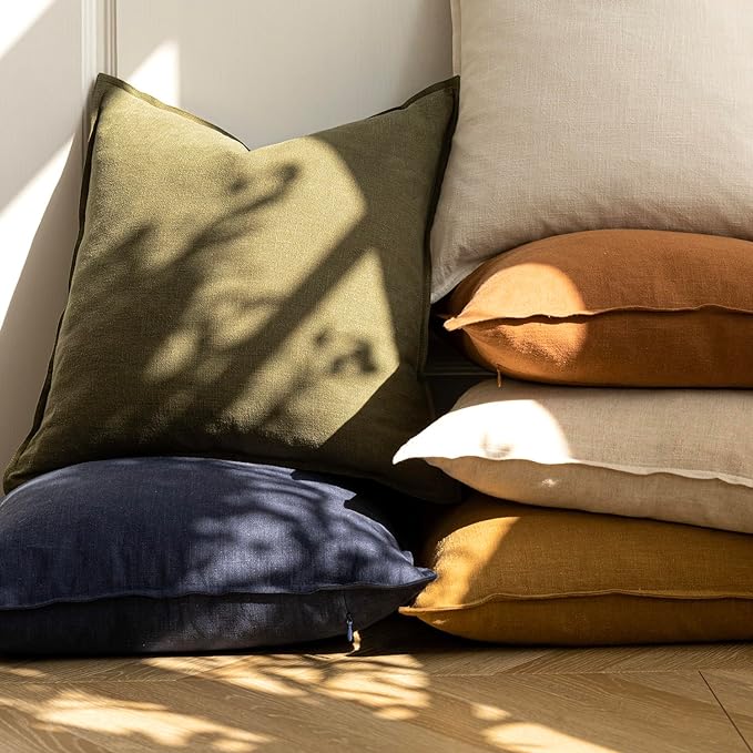Foindtower Pack of 2, Decorative Linen Soild Throw Pillow Covers Soft Accent Cushion Case Boho Farmhouse Pillowcase for Chair Couch Sofa Bedroom Living Room Home Decor 26 x 26 Inch Olive Green