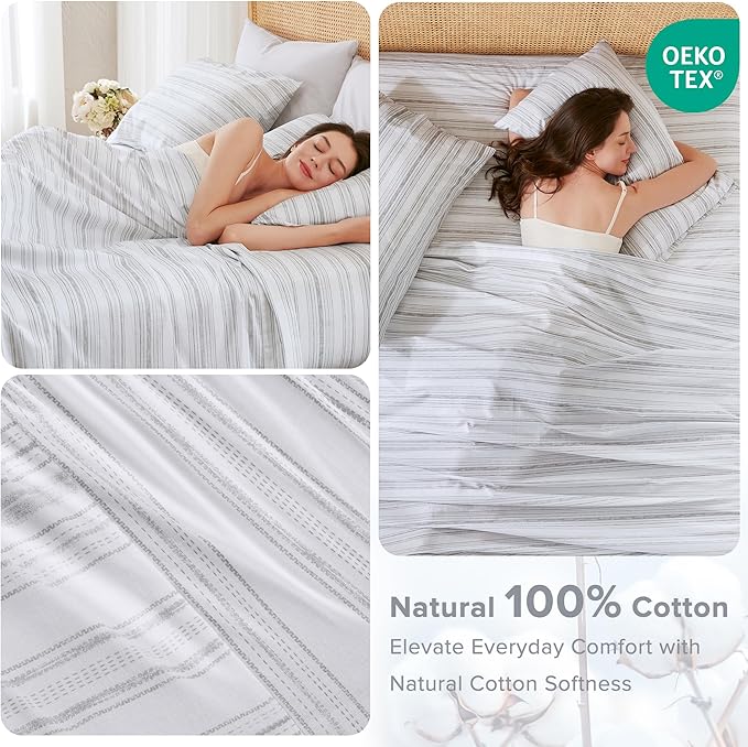 Comfort Spaces 100% Cotton Sheets Full, Breathable, Naturally Cool Cotton Sheets, Soft Cotton Bed Sheets with 14" Elastic Pocket Fits up to 16" Mattress, All Seasons Sheet Set, Good Vibes Grey 4 Piece