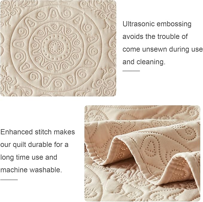 WURUIBO Beige Quilt Set Queen Size, Embossing Microfiber Full Bedspreads with Pillow Sham, Ligthweight Breathable Thin Coverlet, Reversible Bedding Set for All Season (1 Quilt, 2 Pillow Shams)