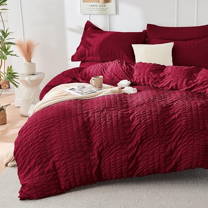 HYMOKEGE Burgundy Duvet Cover Full Size, Ultra Soft 3-Piece Seersucker Duvet Cover Set with Zipper Closure, Soft Brushed Microfiber Bedding Set with 8 Corner Ties (80"x90", 2 Pillowshams)