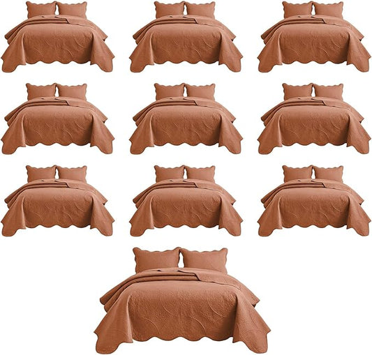 MOONLIGHT20015 10 Pack Queen Quilt Bedding Set (90" x 96") - Bulk Wholesale for Hotels, Guest Bedroom & Airbnbs - Lightweight Microfiber Reversible Floral Embossed Quilts Bedspreads (Rust)