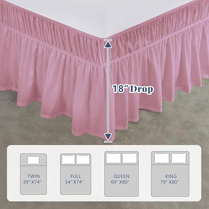 Twin Bed Skirt, Elastic Wrap Around Bed Skirt Twin Size, Bed Skirts for Adjustable Bed, Easy Fit with 18" Drop Length Tailored Drop Dust Ruffle (Pink)