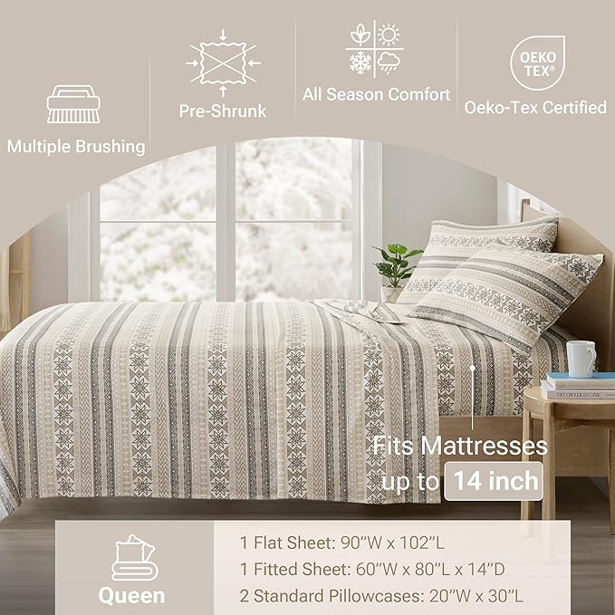 True North by Sleep Philosophy Flannel Sheets Queen Size, Cozy 100% Cotton Flannel Bed Sheets, Ultra Soft Cute Sheet Set, Elastic Pocket Fits Up to 14" Mattress, Nordic 4 Piece