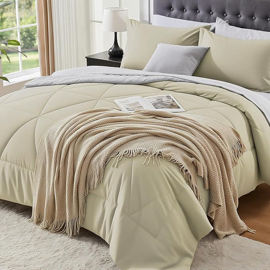 BEDELITE Full Comforter Set 7 Pieces Bed in A Bag - Soft Microfiber Reversible Oatmeal Bed Set with Comforters, Sheets, Pillowcases & Shams, Cozy Luxury Bedding Sets for All Season