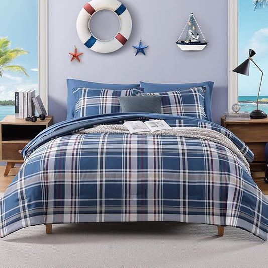 Plaid Queen Size Comforter Set Medium Blue, Bedding Set 7 Pieces for Boys Girls Teen, Lightweight All Season Bed in a Bag with Sheets, Pillowcases & Shams
