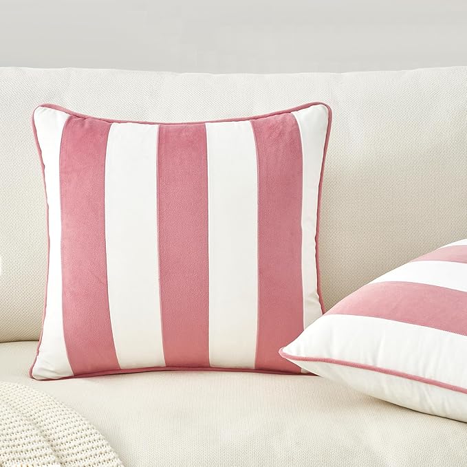 MONDAY MOOSE Decorative Throw Pillow Covers Cushion Cases, Set of 2 Soft Velvet Striped Piping Edge Designs, Pillow Inserts Not Included (16x16 inch, Light Pink/White)